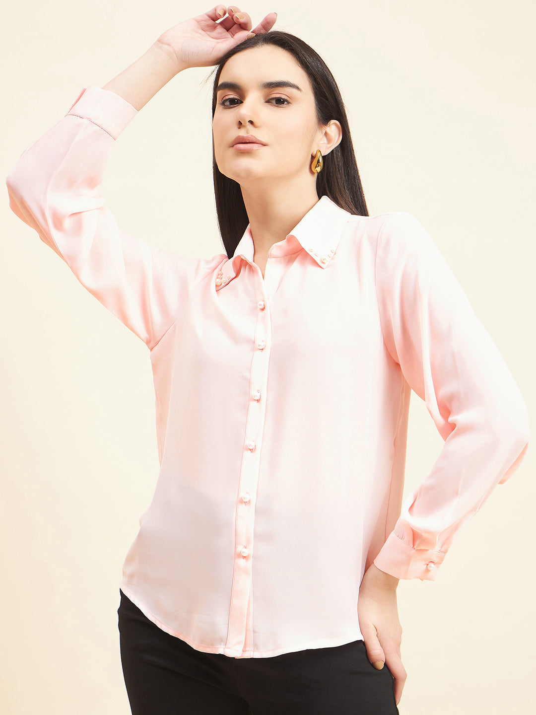 Gipsy Women Solid Neck Embllishment Georgette Baby Pink Shirt