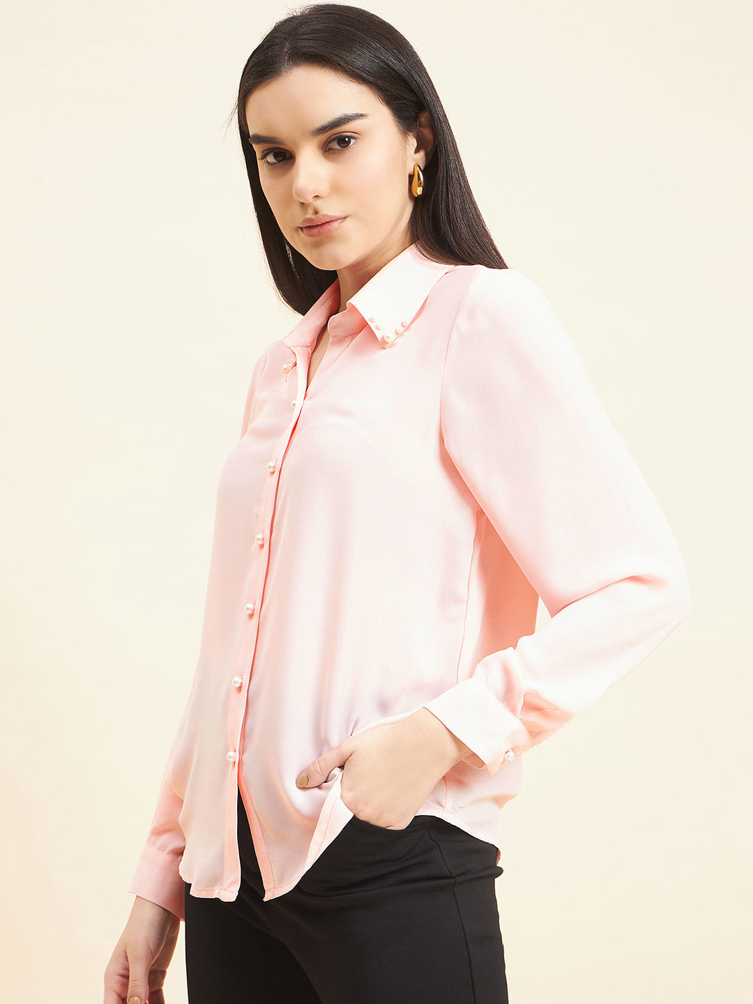 Gipsy Women Solid Neck Embllishment Georgette Baby Pink Shirt