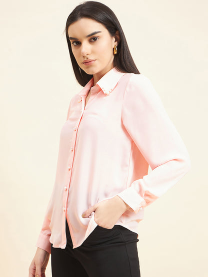 Gipsy Women Solid Neck Embllishment Georgette Baby Pink Shirt