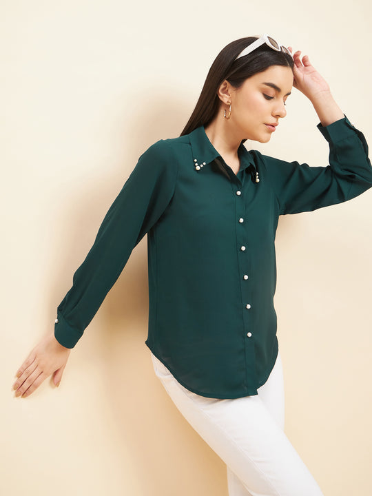 Gipsy Women Solid Neck Embllishment Georgette Bottle Green Shirt