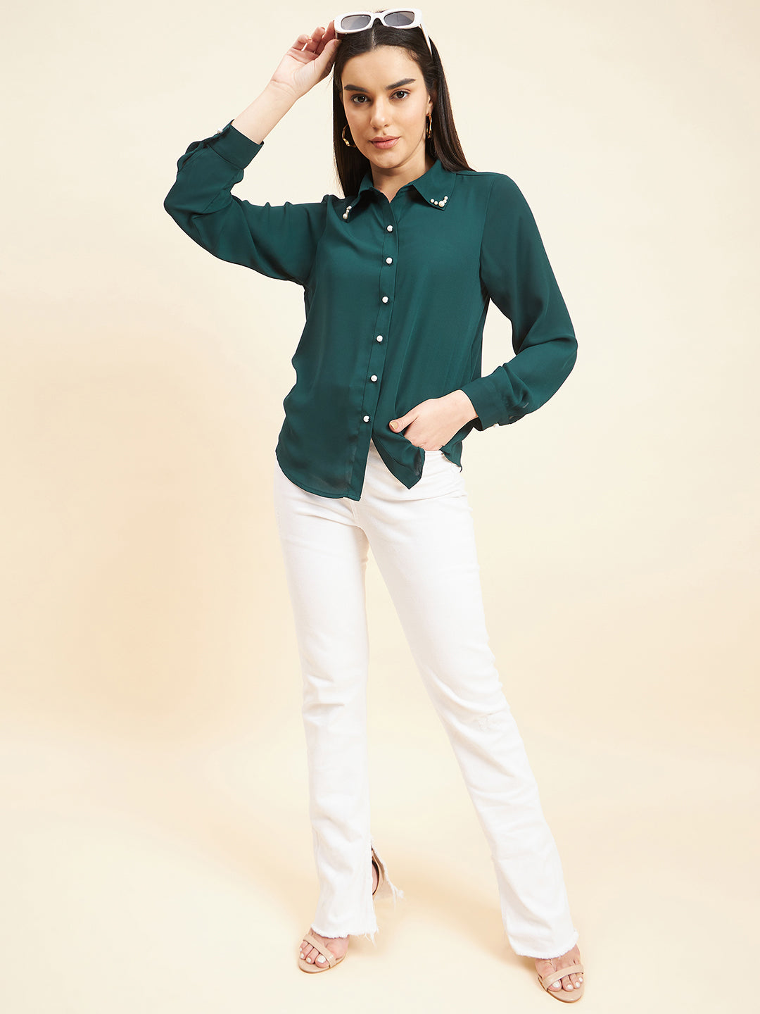 Gipsy Women Solid Neck Embllishment Georgette Bottle Green Shirt