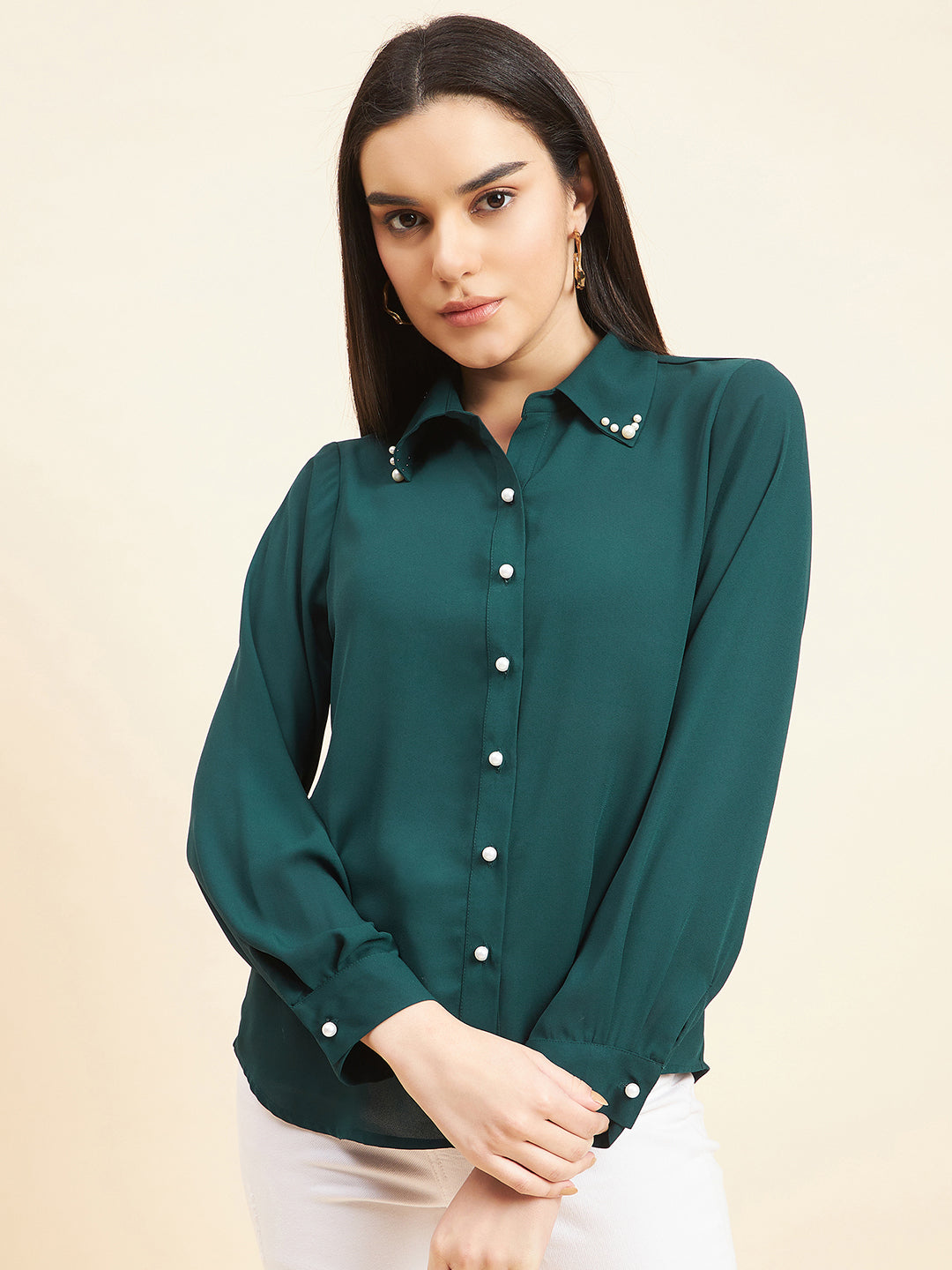 Gipsy Women Solid Neck Embllishment Georgette Bottle Green Shirt
