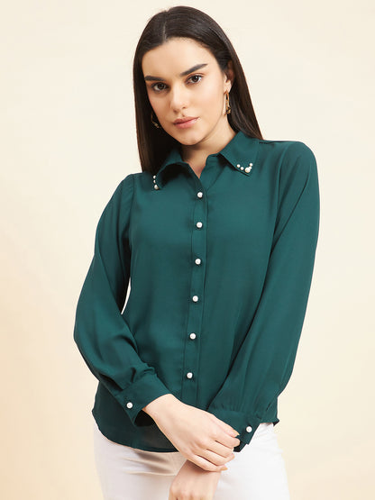 Gipsy Women Solid Neck Embllishment Georgette Bottle Green Shirt