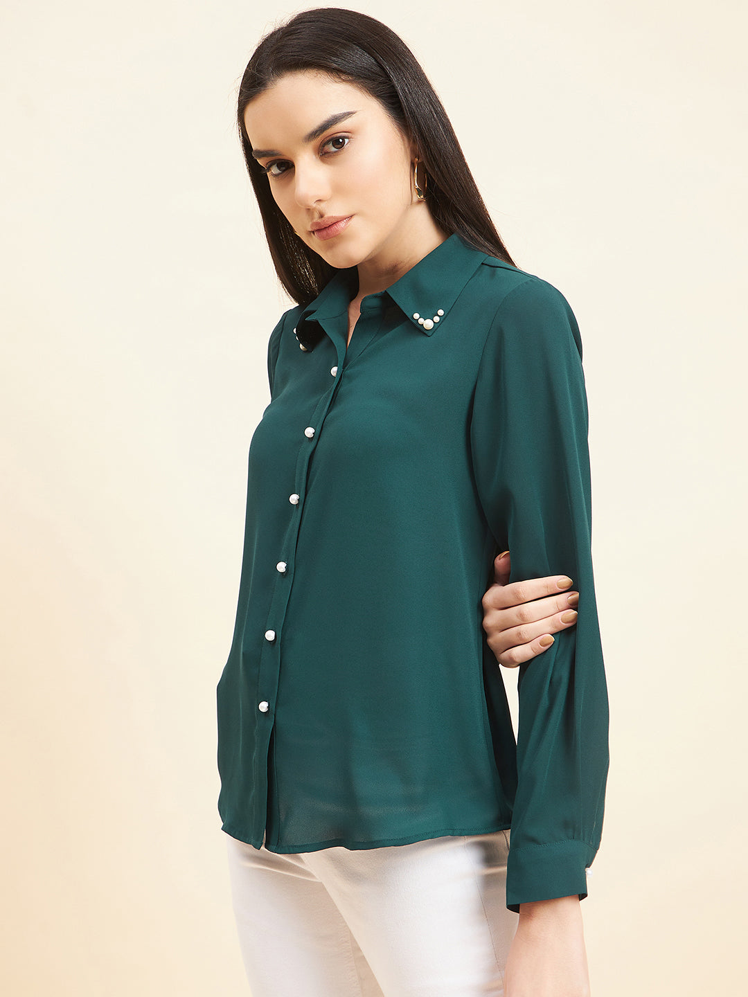 Gipsy Women Solid Neck Embllishment Georgette Bottle Green Shirt
