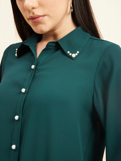 Gipsy Women Solid Neck Embllishment Georgette Bottle Green Shirt