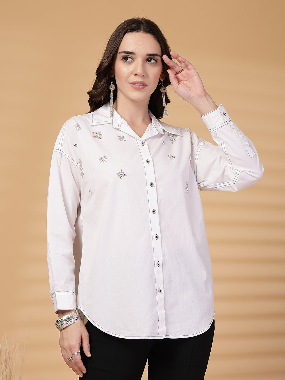 Gipsy White Rhinestone Embellished Cotton Shirt