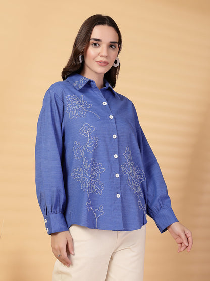 Gipsy Cobalt Blue Embroidery Linen Shirt