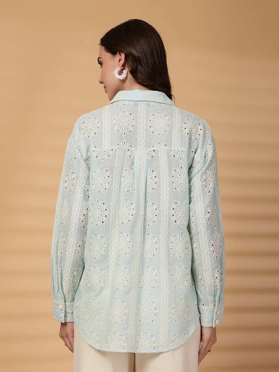 Gipsy Sea Blue Embroidered Schiffli Cotton Shirt