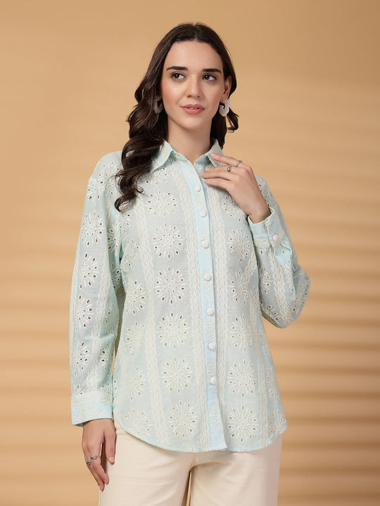Gipsy Sea Blue Embroidered Schiffli Cotton Shirt