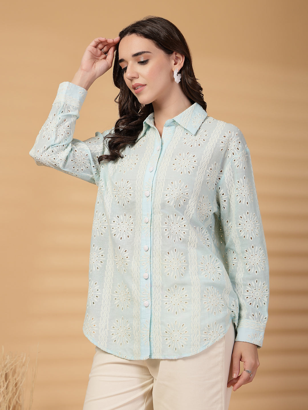 Gipsy Sea Blue Embroidered Schiffli Cotton Shirt
