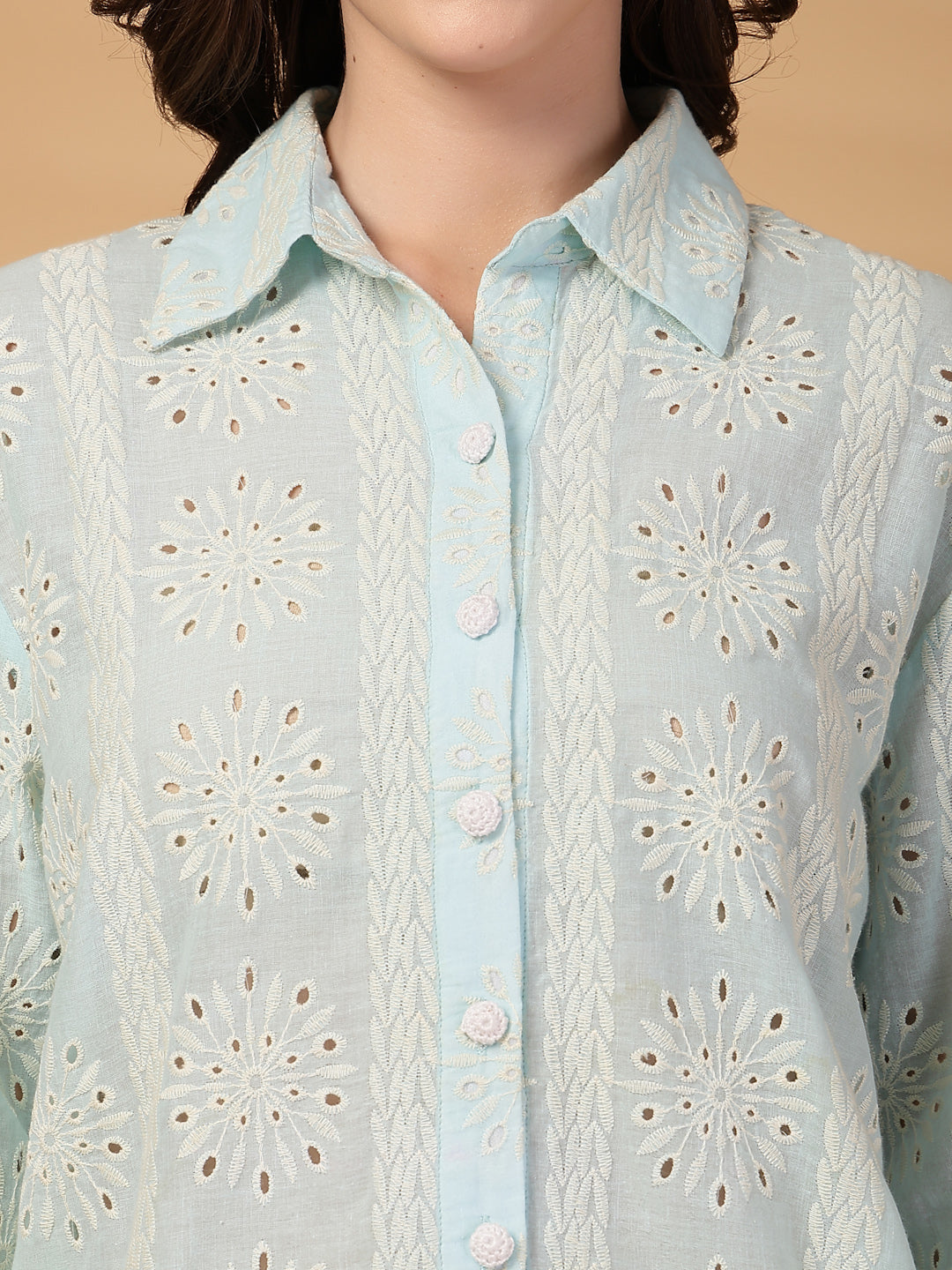 Gipsy Sea Blue Embroidery Schiffli Cotton Shirt
