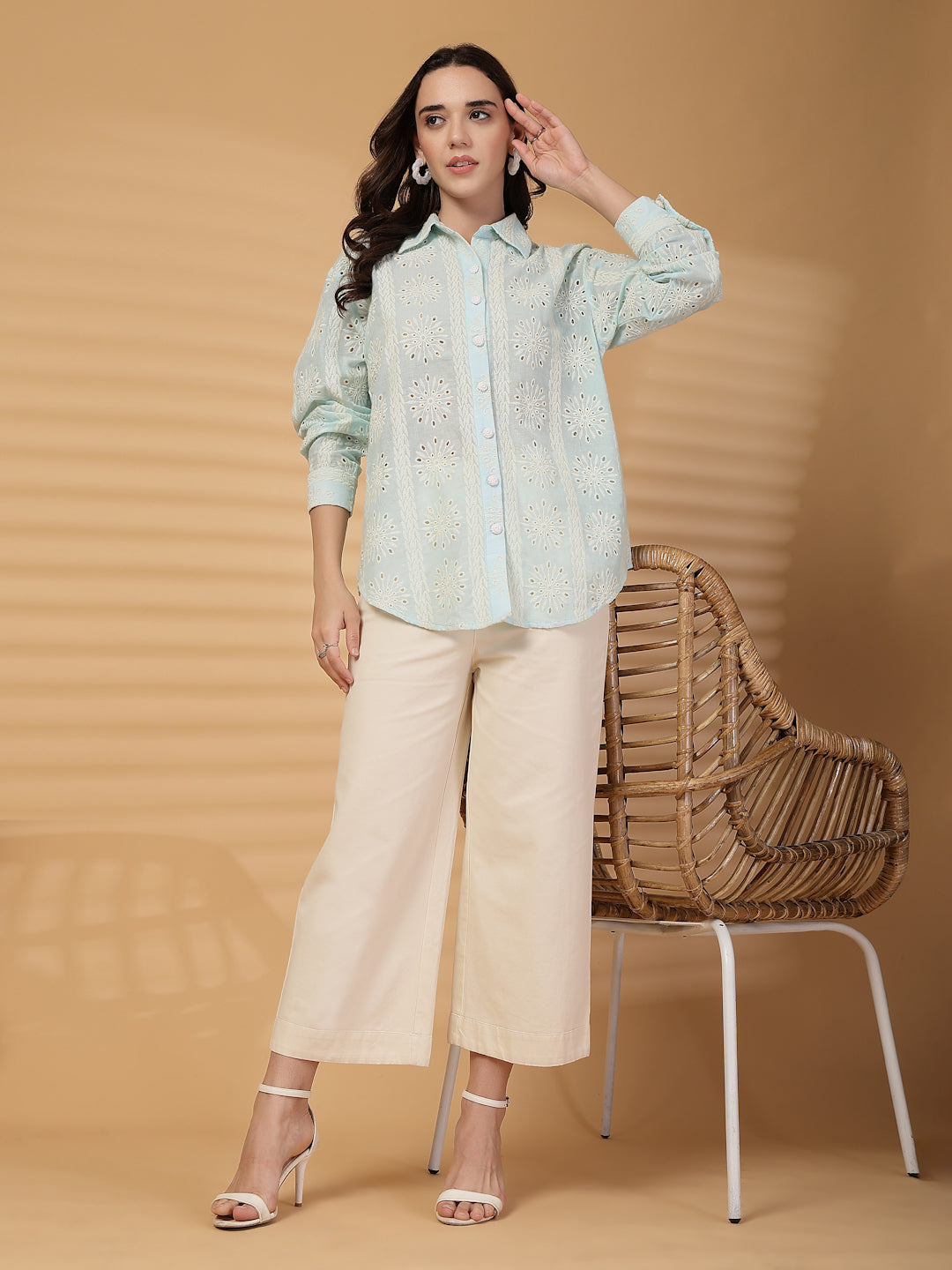 Gipsy Sea Blue Embroidered Schiffli Cotton Shirt