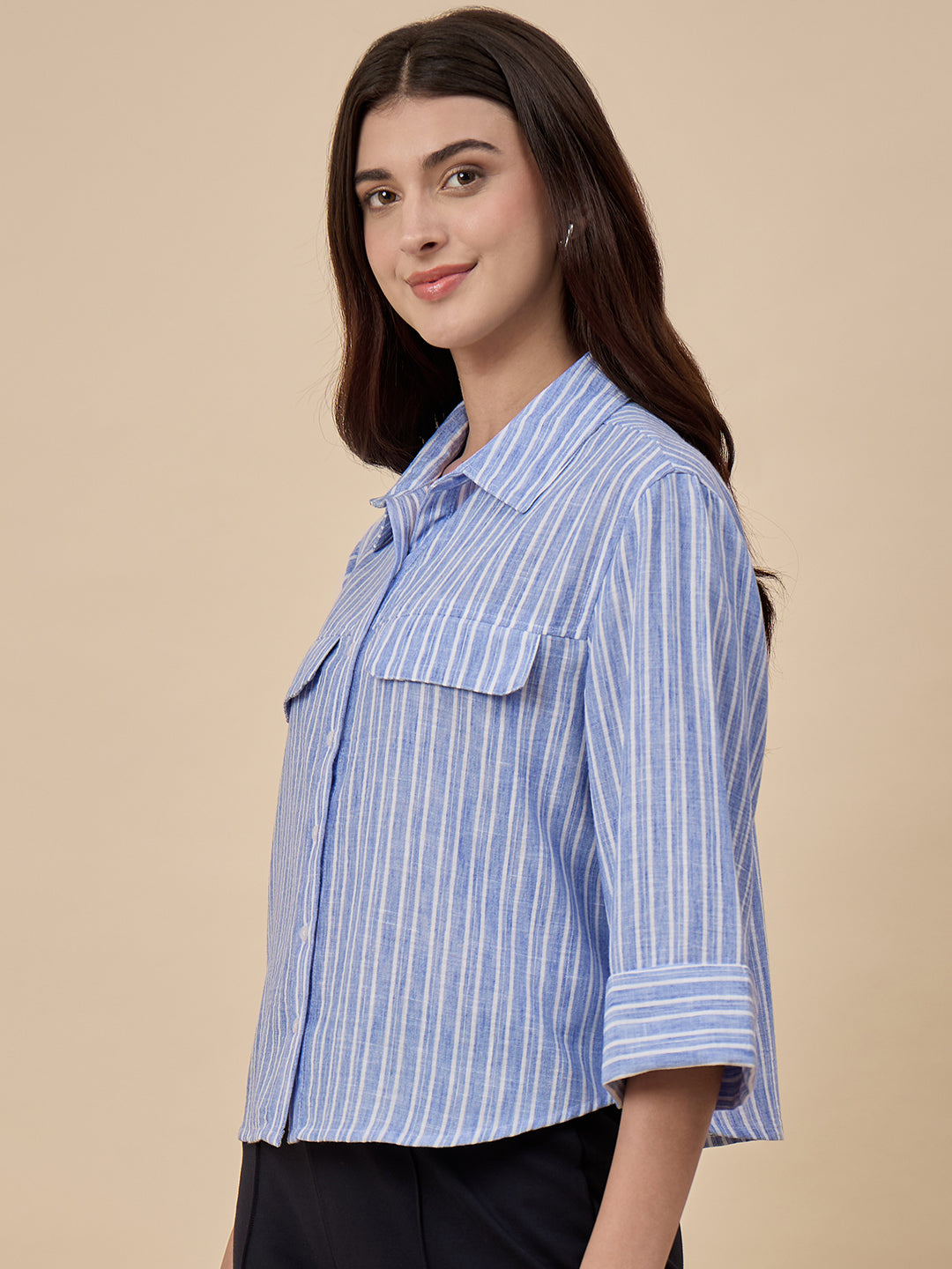 Blue Stripe Poly Viscose Shirt