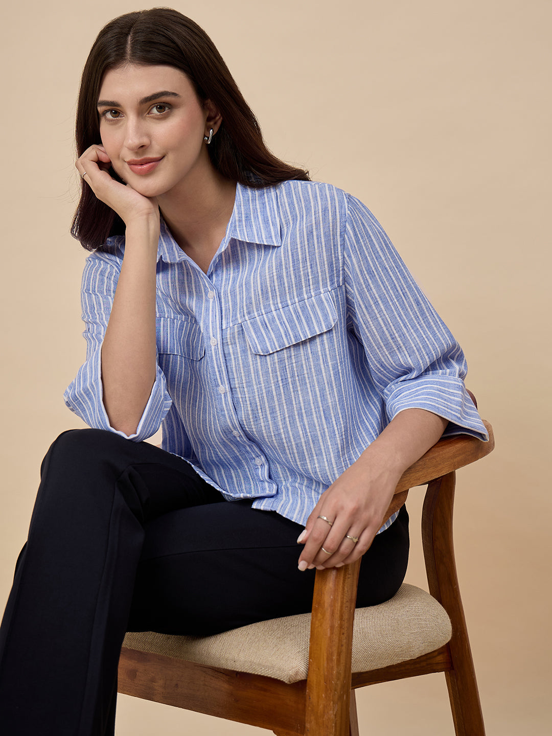 Blue Stripe Poly Viscose Shirt