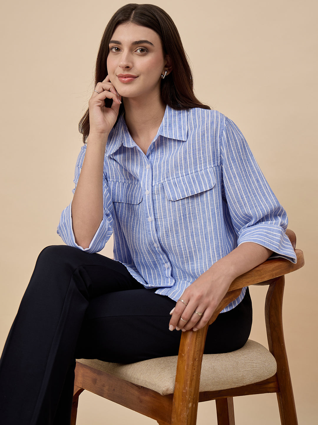 Blue Stripe Poly Viscose Shirt