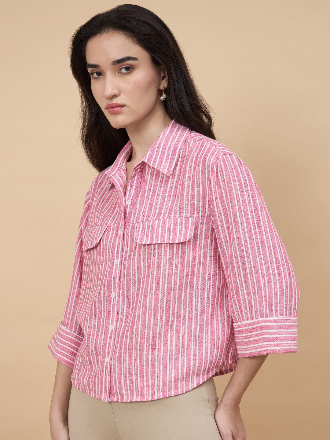 Pink Stripe Poly Viscose Shirt