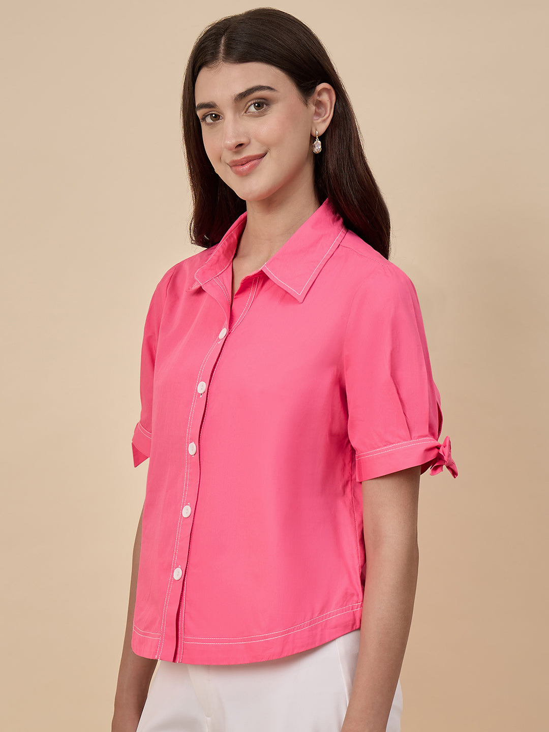 Pink Solid Linen Viscose Shirt