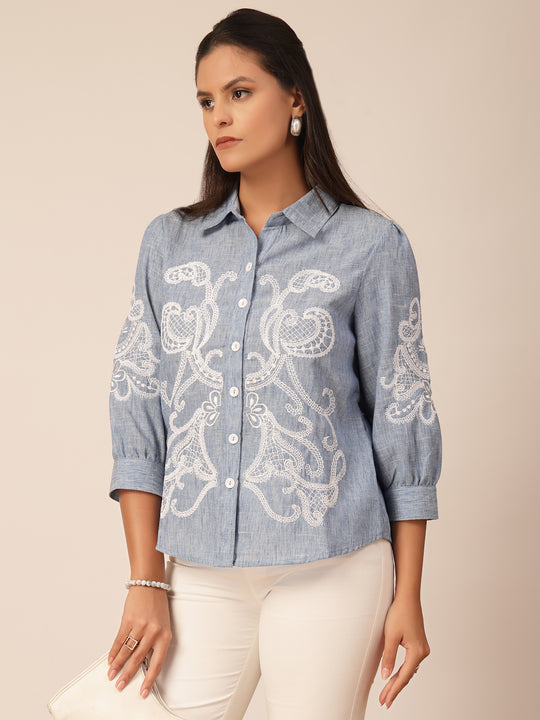 Gipsy Blue Viscose Embroidery Shirt