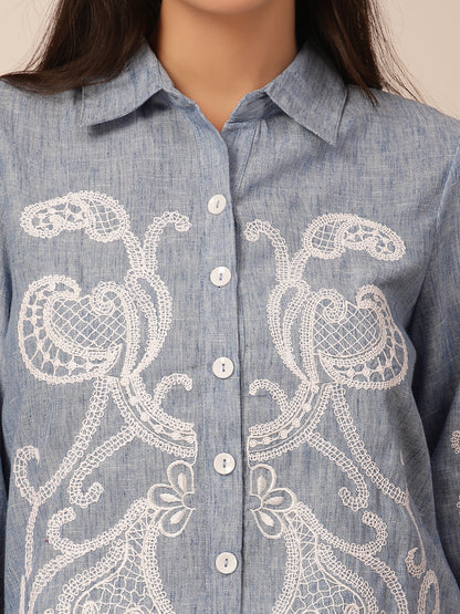 Gipsy Blue Viscose Embroidery Shirt