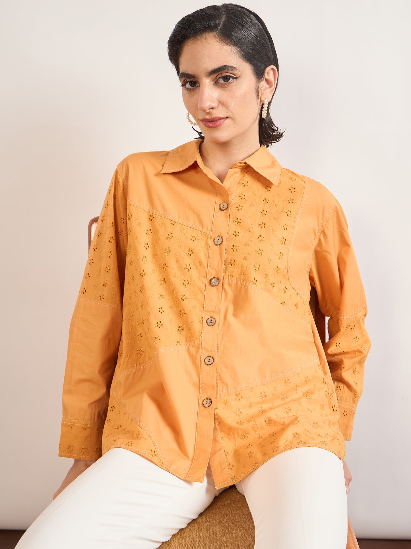 Orange Cotton Straight Fit Shirt