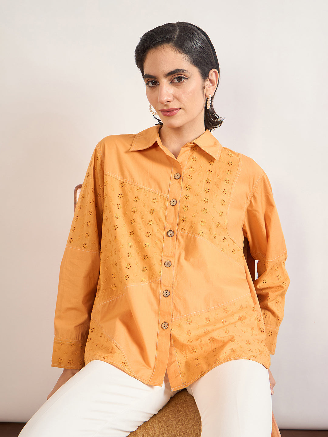 Orange Cotton Straight Fit Shirt