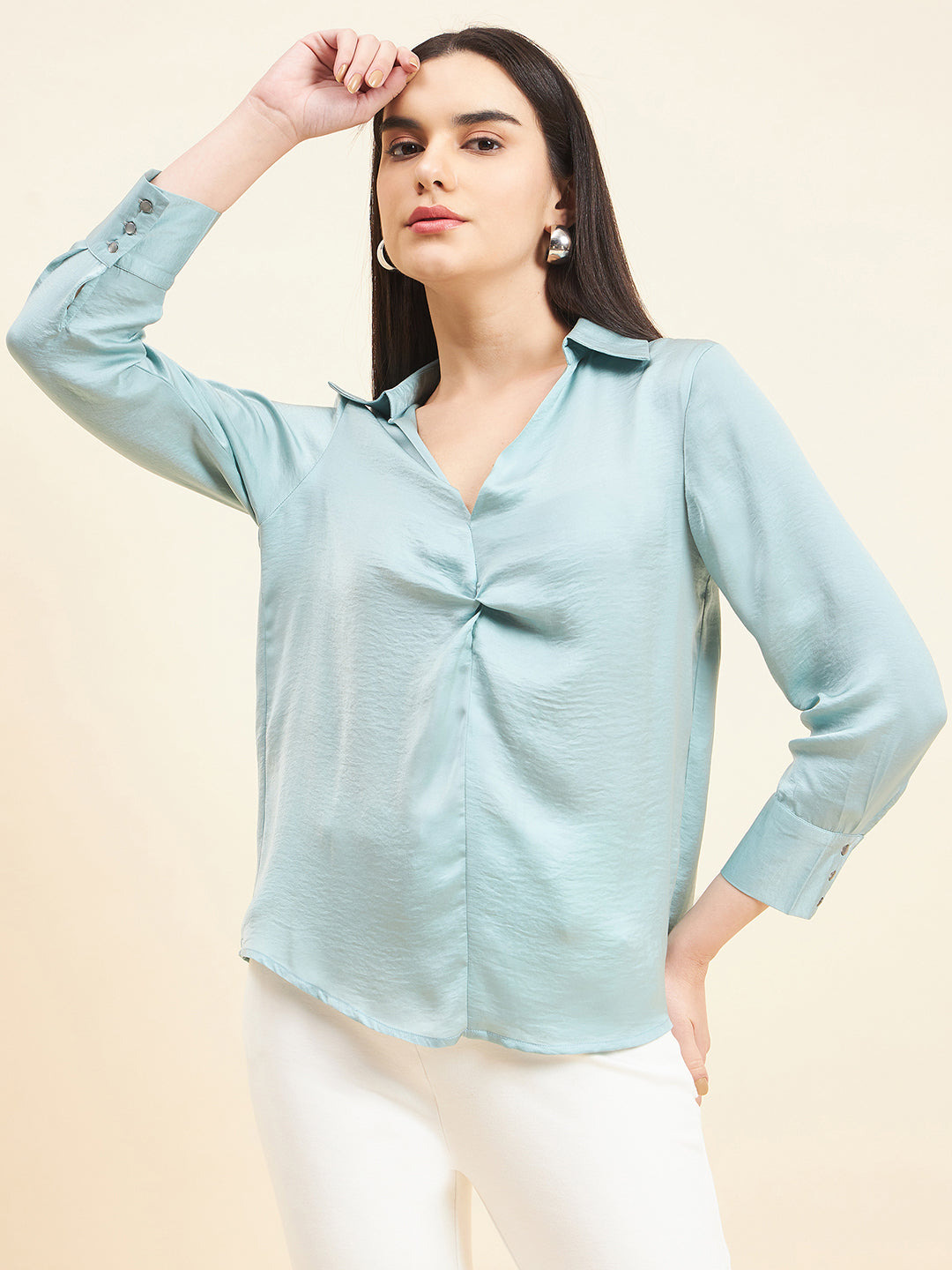 Gipsy Women Solid Knotting Satin Pistachio Green Tunic