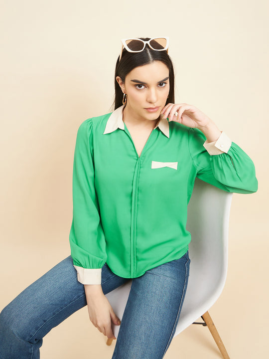 Gipsy Women Solid Contrat Fabric Georgette Emerald Green Tunic