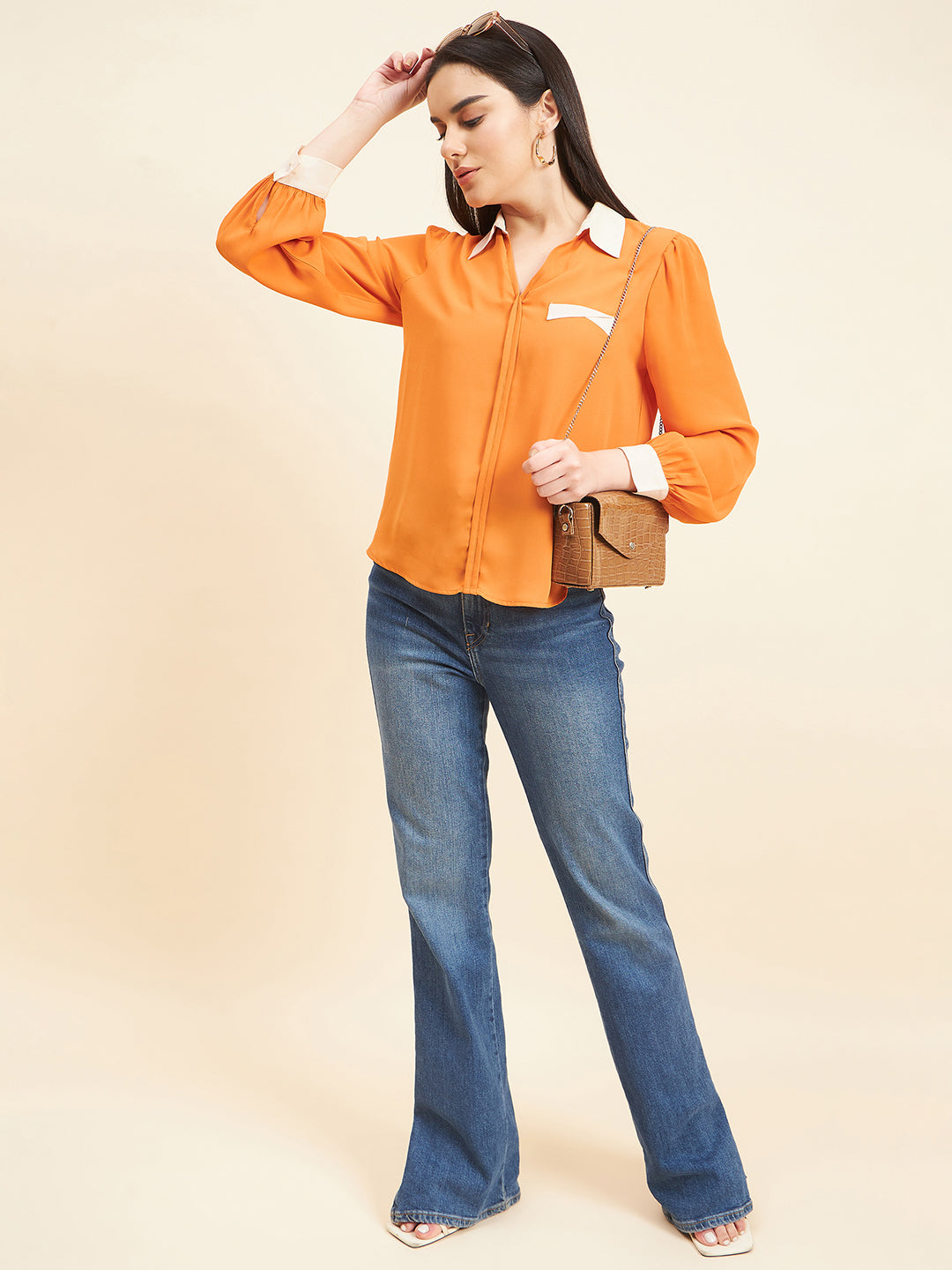 Gipsy Women Solid Contrat Fabric Georgette Orange Tunic