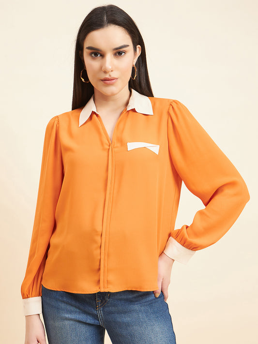 Gipsy Women Solid Contrat Fabric Georgette Orange Tunic