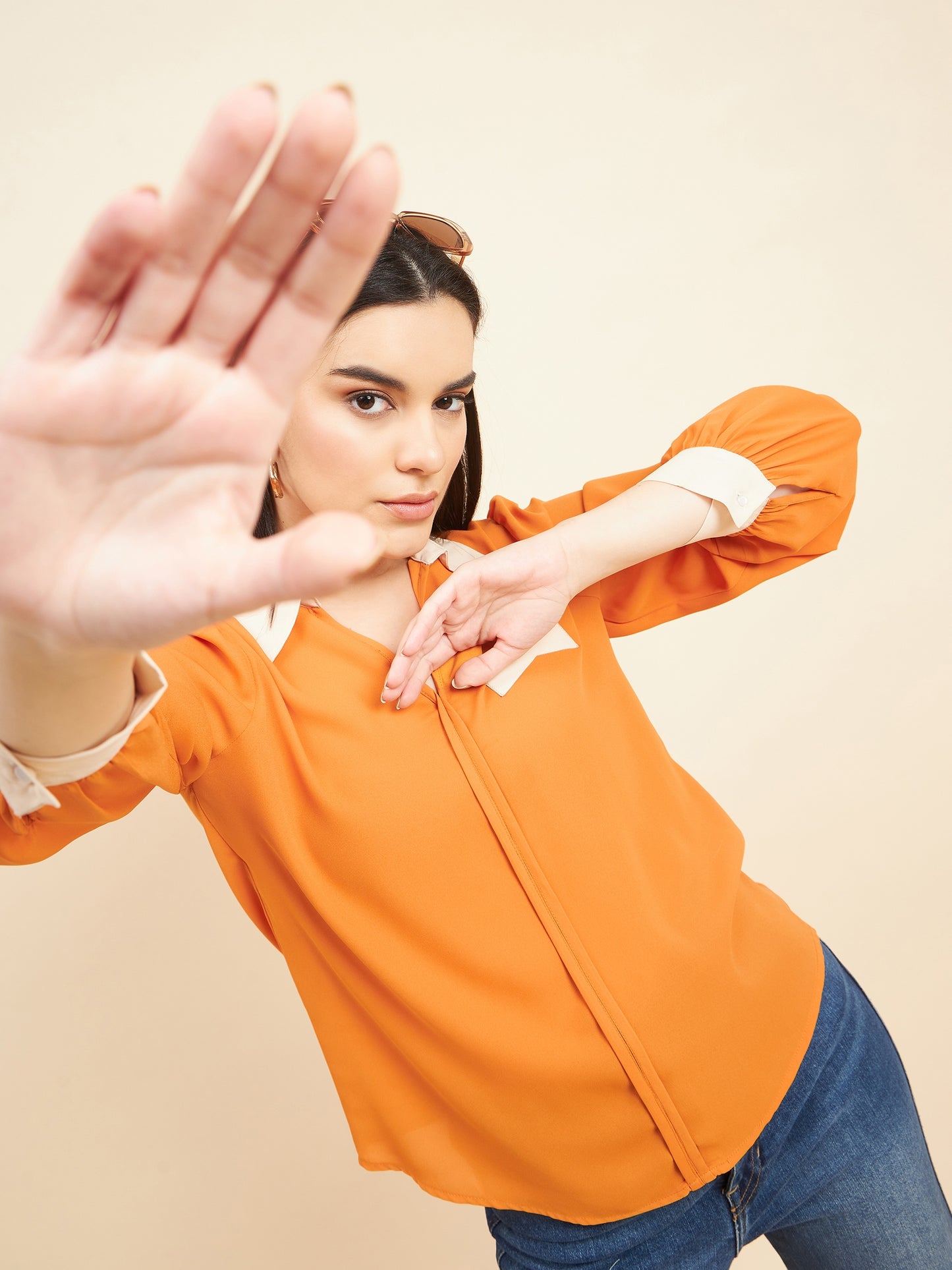 Gipsy Women Solid Contrat Fabric Georgette Orange Tunic