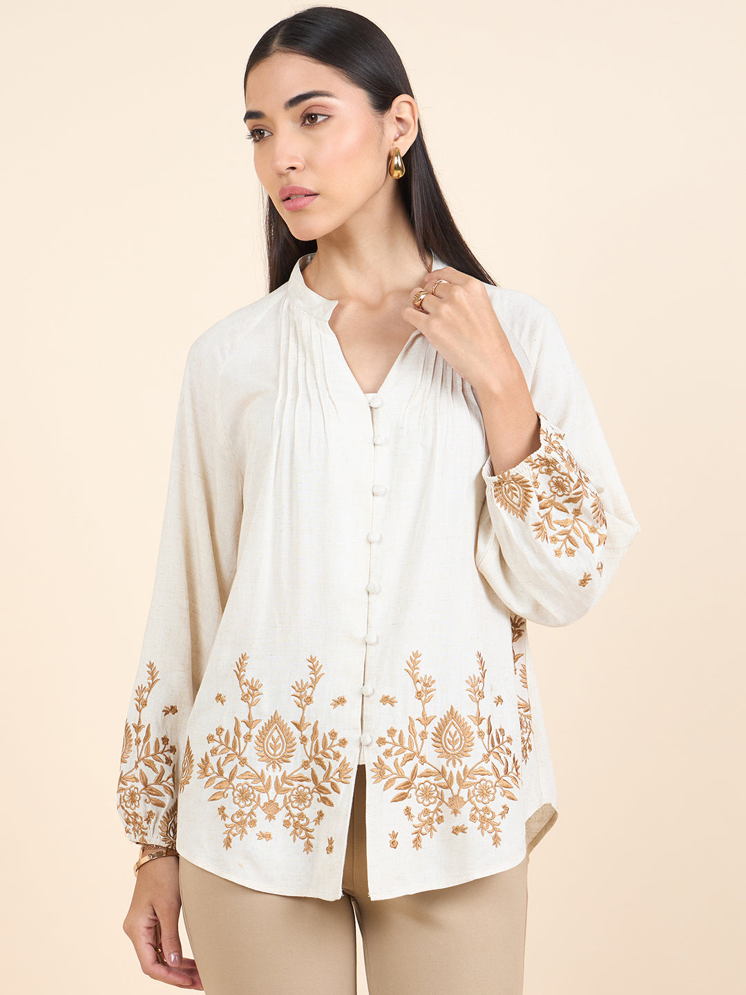 Gipsy Women Cotton Top Shirt Regular Fit V-Neck Natural