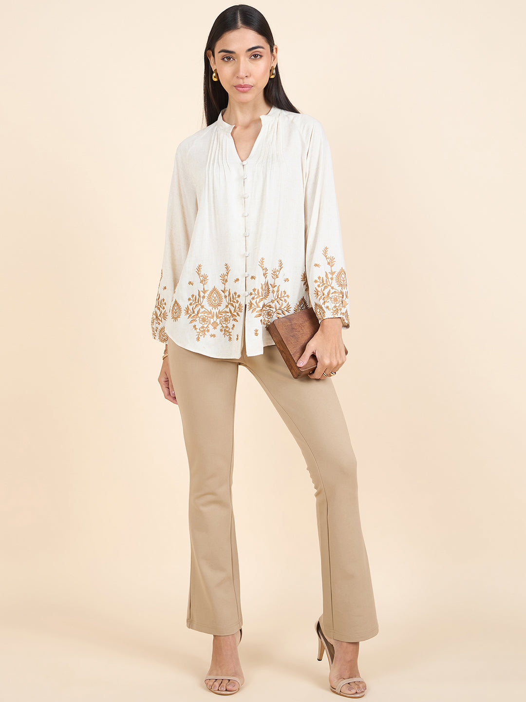Gipsy Women Cotton Top Shirt Regular Fit V-Neck Natural