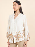 Gipsy Women Cotton Top Shirt Regular Fit V-Neck Natural