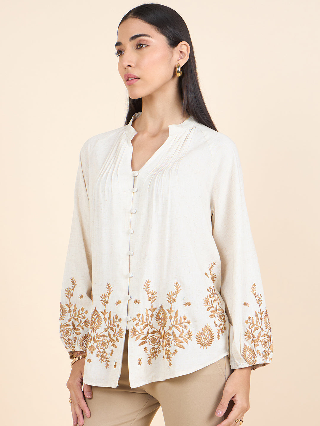 Gipsy Women Cotton Top Shirt Regular Fit V-Neck Natural