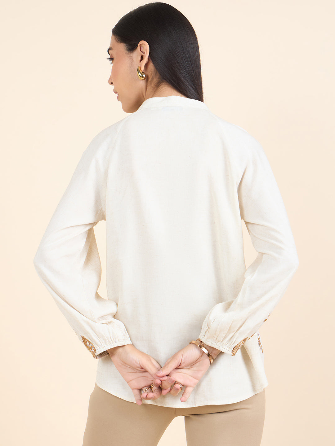 Gipsy Women Cotton Top Shirt Regular Fit V-Neck Natural