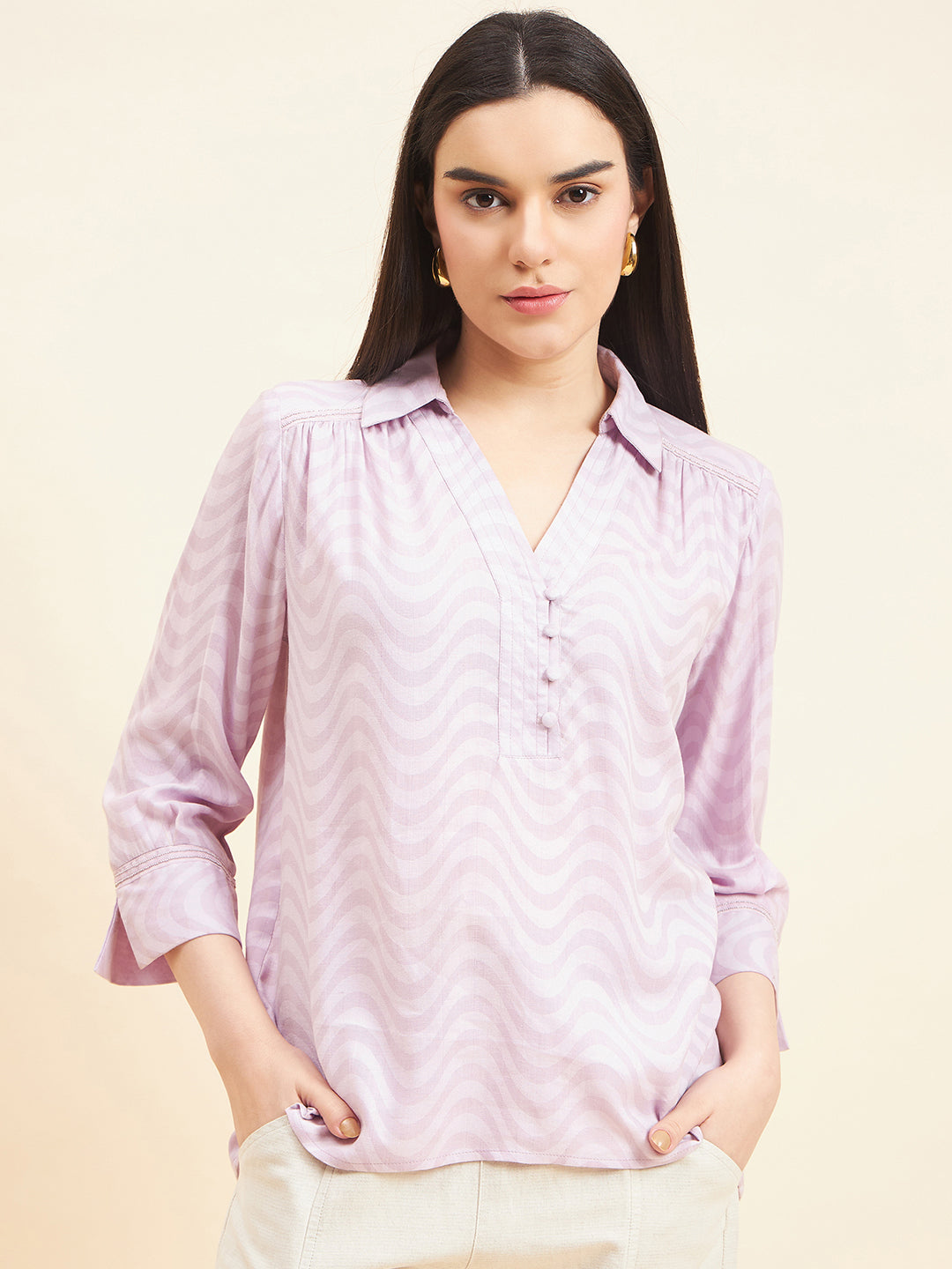 Gipsy Women Textured Lace Cotton Lilac Tunic