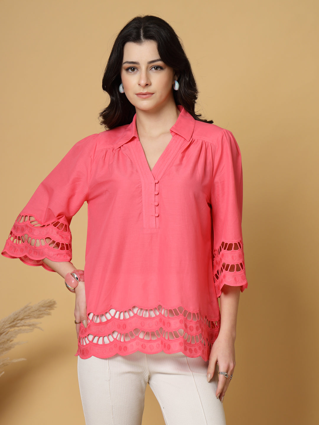 Gipsy Fuchsia Shirt Collar Cotton Schiffli Tunic