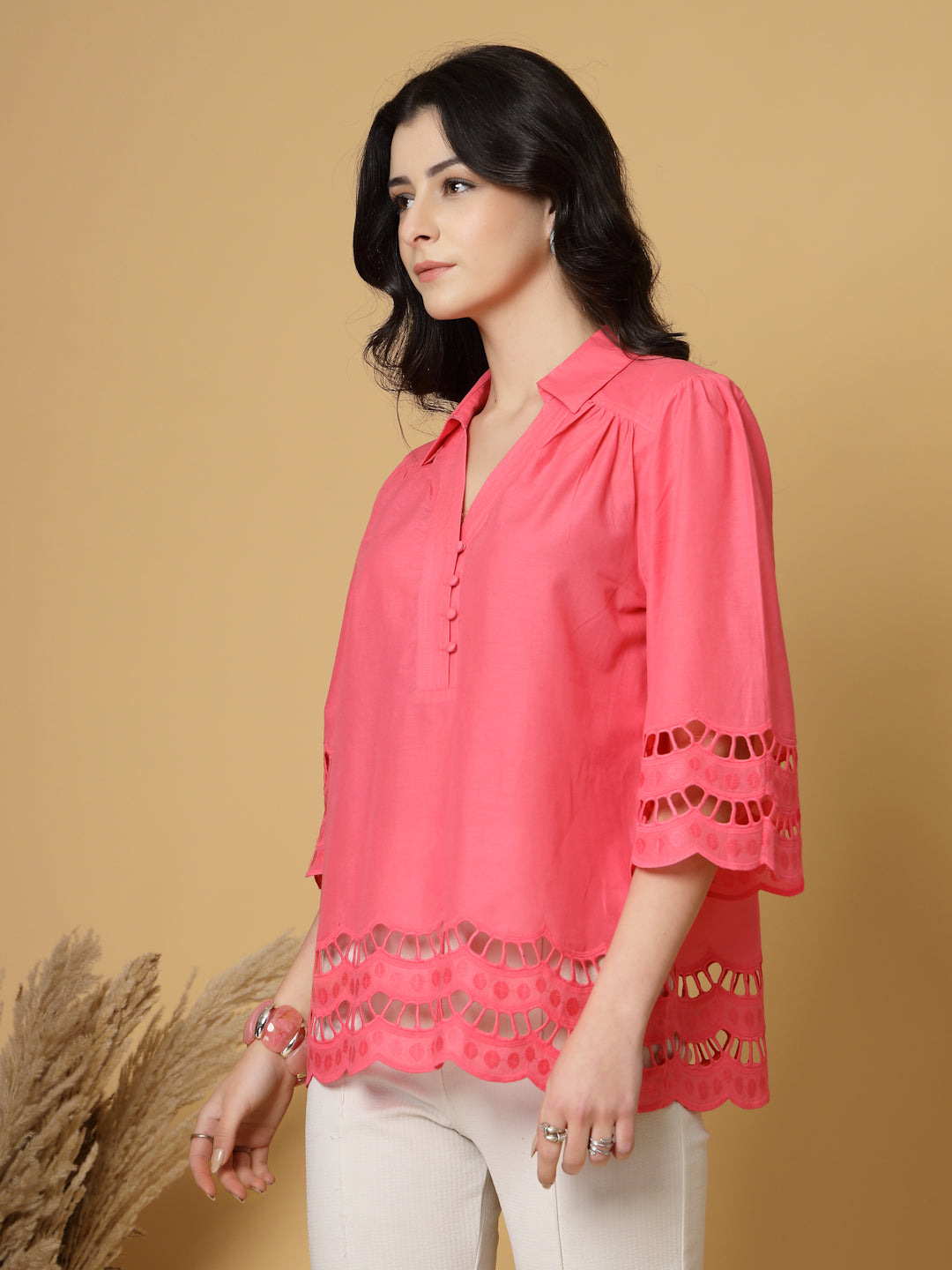 Gipsy Fuchsia Shirt Collar Cotton Schiffli Tunic