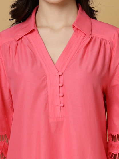 Gipsy Fuchsia Shirt Collar Cotton Schiffli Tunic