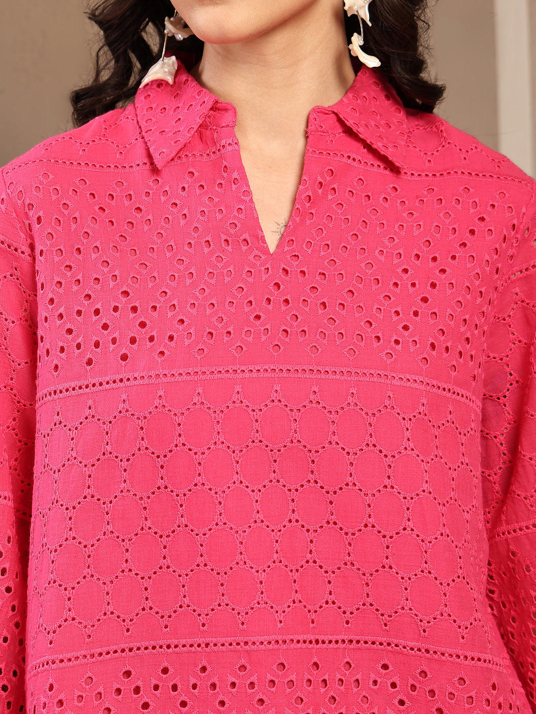 Gipsy Fushia Pink Solid Schiffli Cotton Tunic