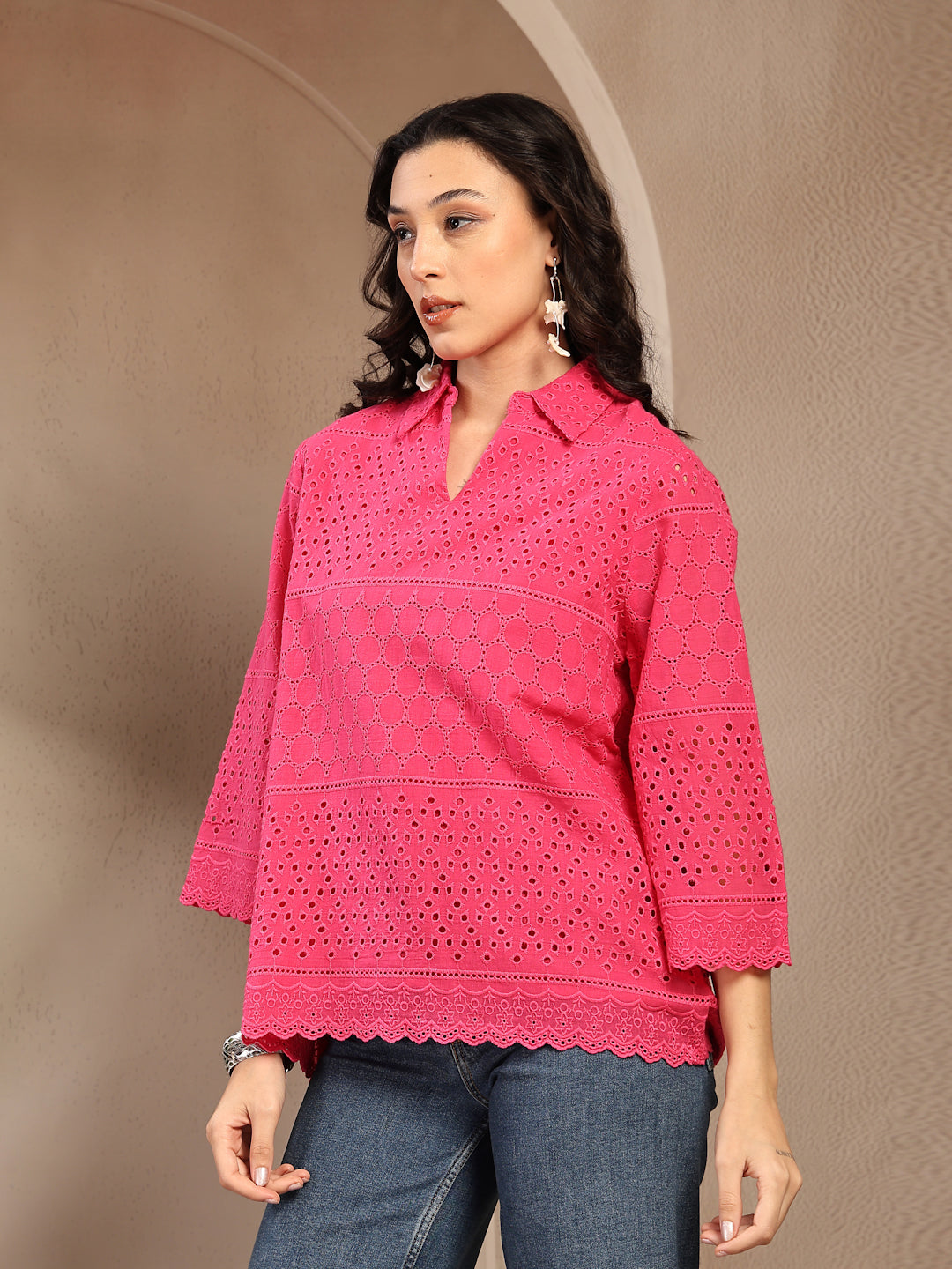 Gipsy Fushia Pink Solid Schiffli Cotton Tunic