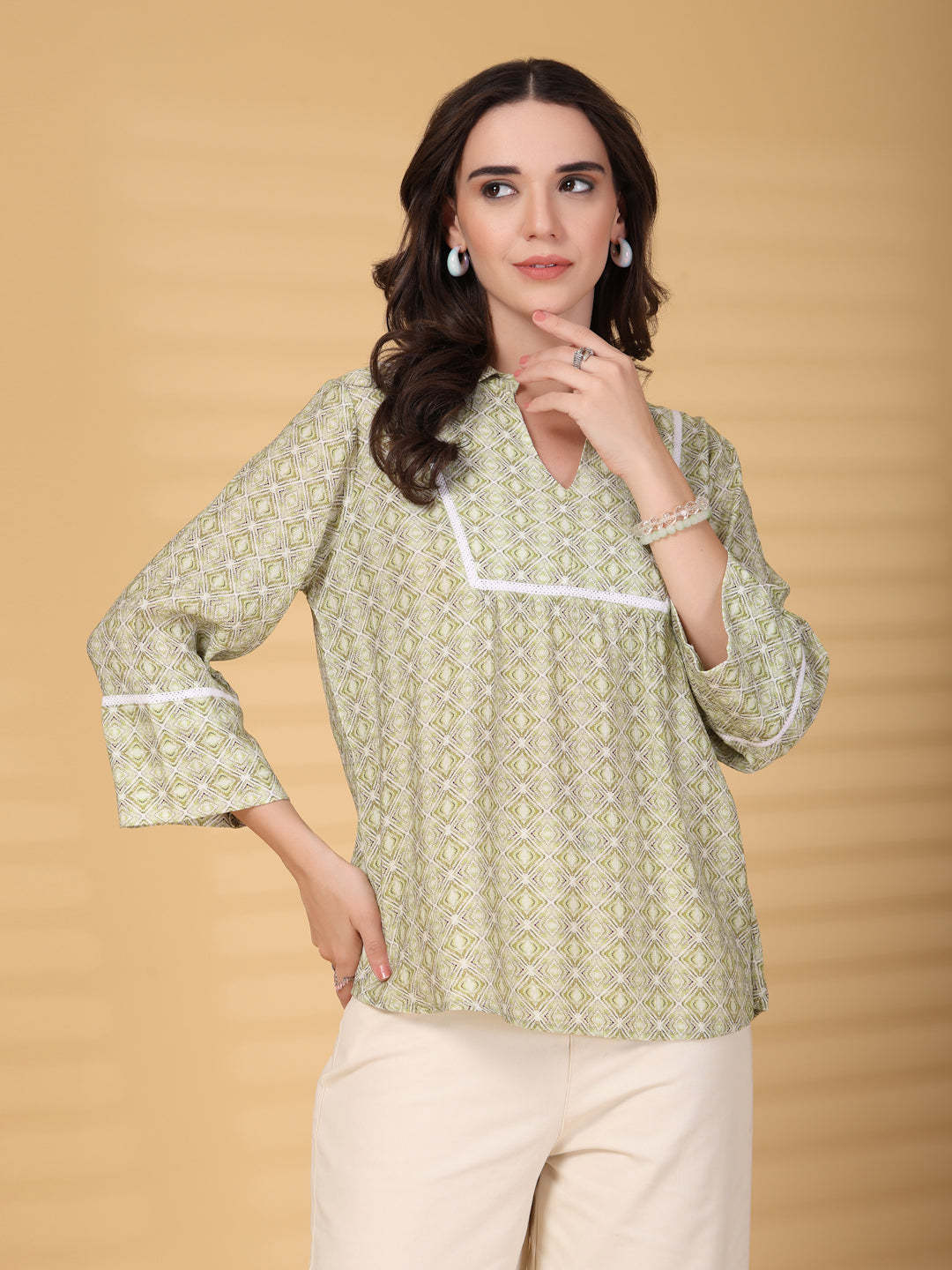 Gipsy Lime Green Geometric Yoke Detailing Tunic