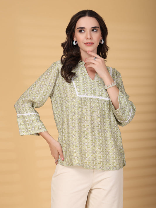 Gipsy Lime Green Geometric Yoke Detailing Tunic