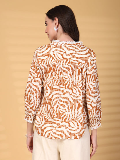 Gipsy Beige Abstract Print Lace Rayon Tunic