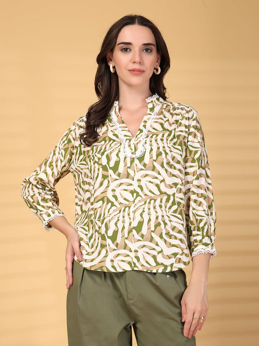 Gipsy Green Abstract Print Lace Rayon Tunic