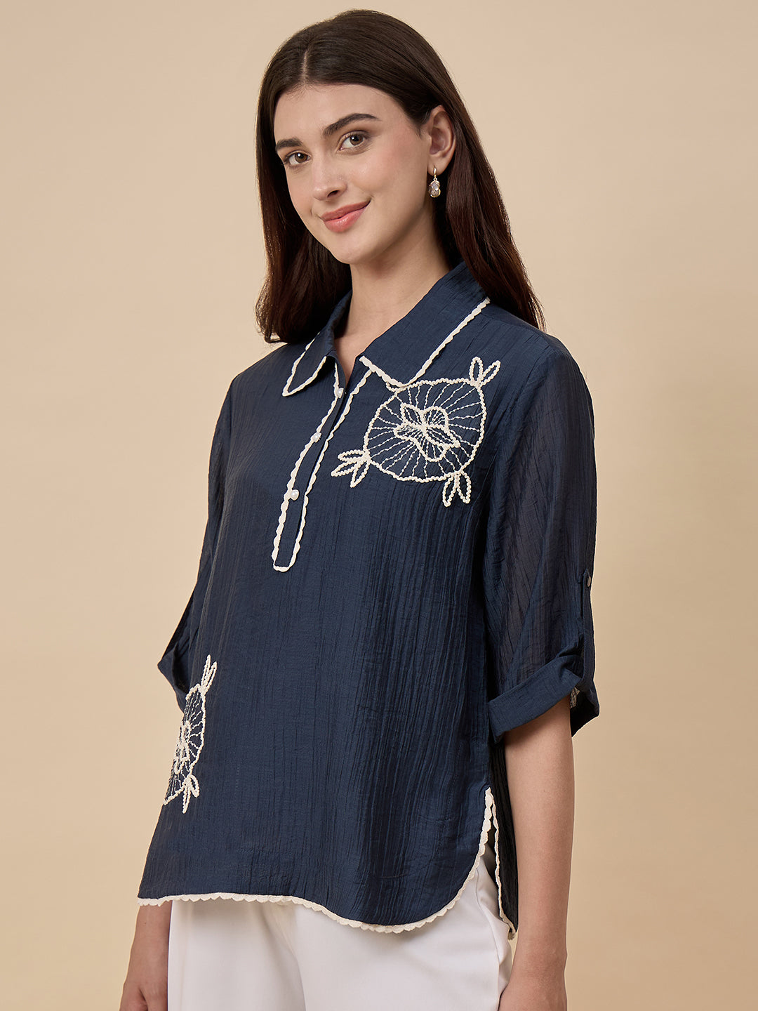 Navy Embroidery Viscose Nylon Tunic