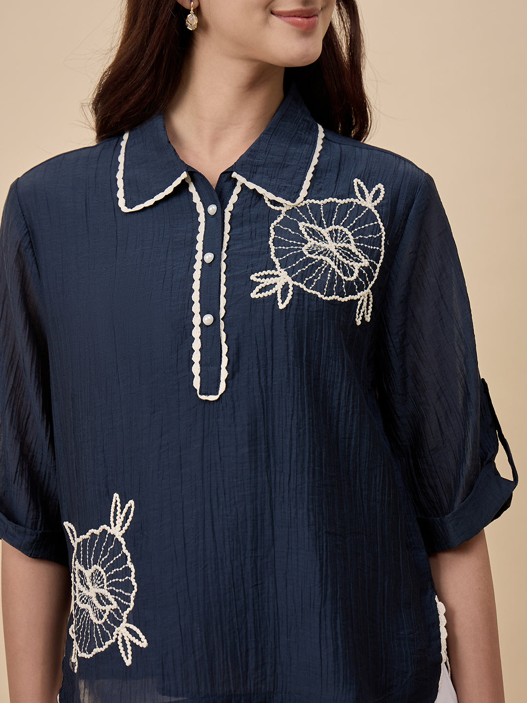Navy Embroidery Viscose Nylon Tunic