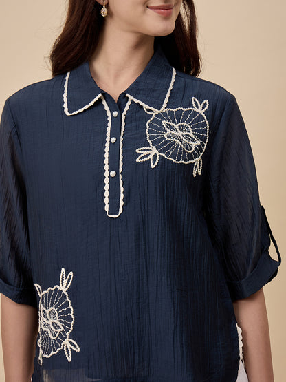 Navy Embroidery Viscose Nylon Tunic