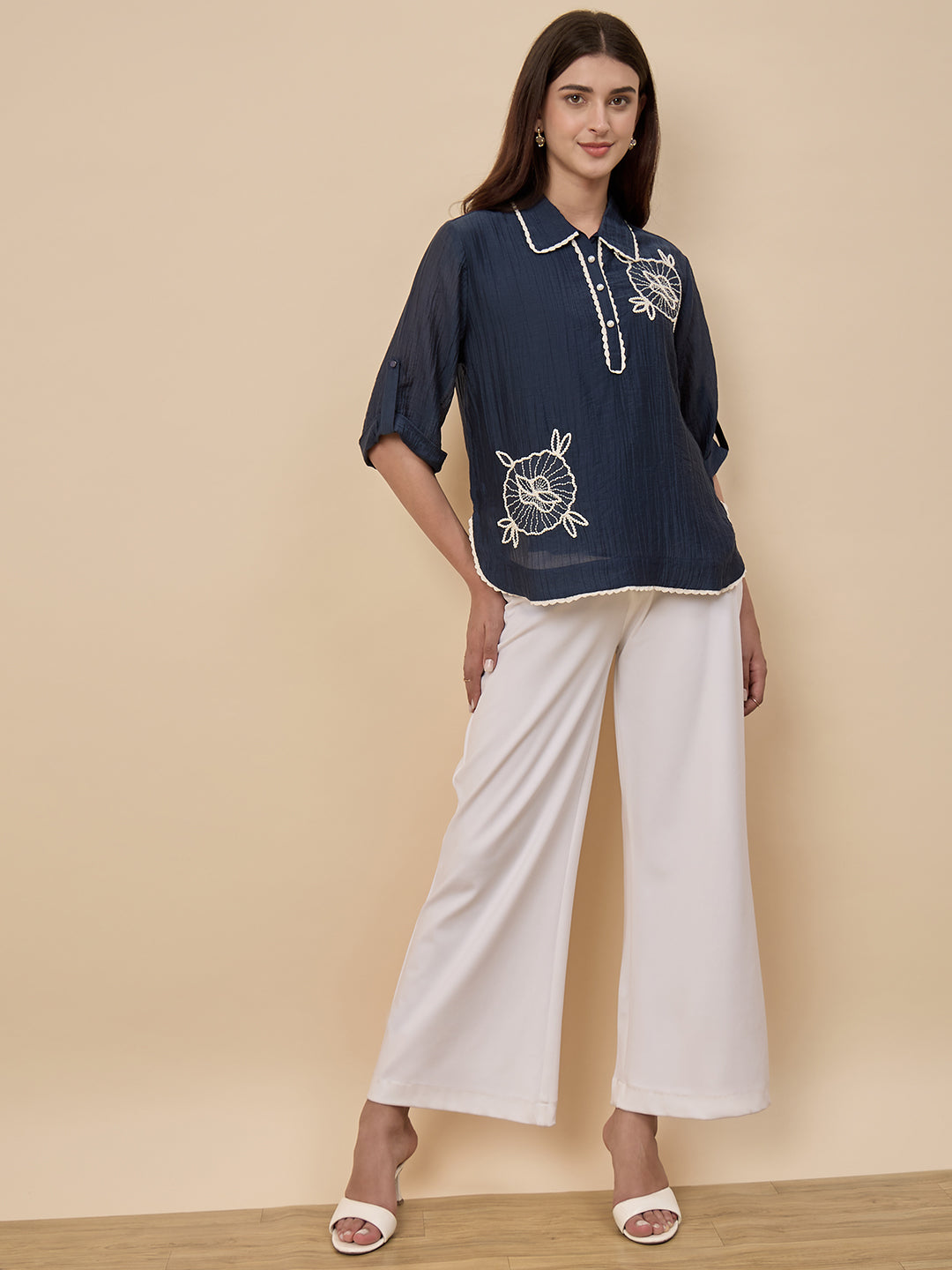 Navy Embroidery Viscose Nylon Tunic
