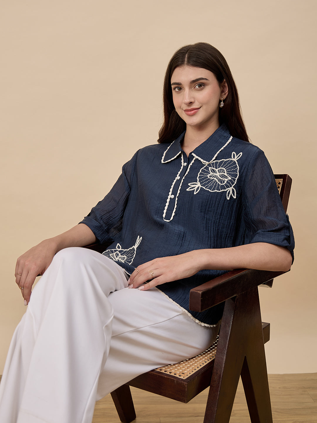 Navy Embroidery Viscose Nylon Tunic